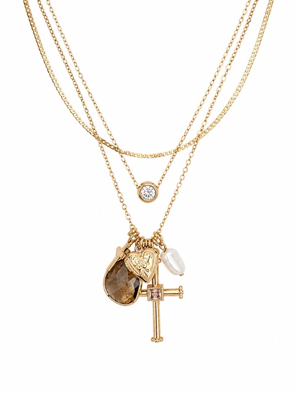 Guess Gold-Tone Layered Charm Necklace with Brown Teardrop and Pearl
